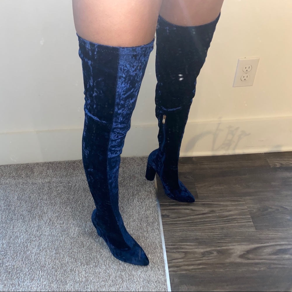 Electric Blue Velvet Thigh High Boots